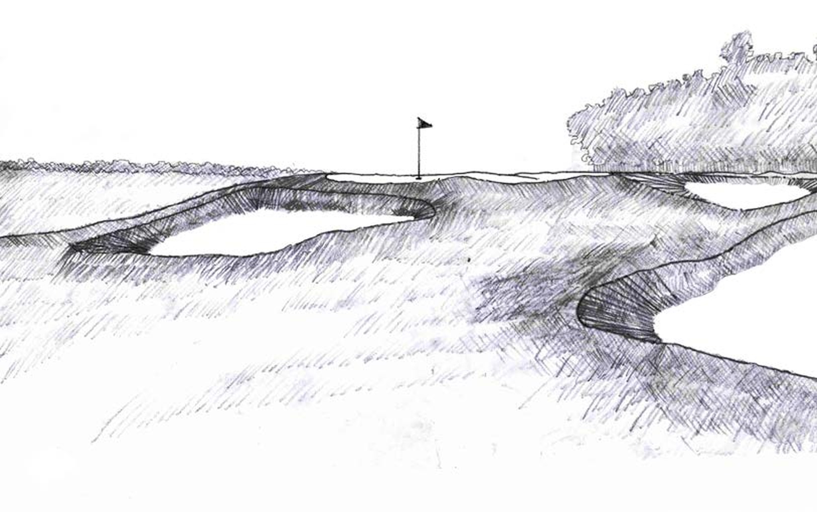 Étude de trou de golf dessinée à la main — complexe de green, bunkers et courbes de fairway