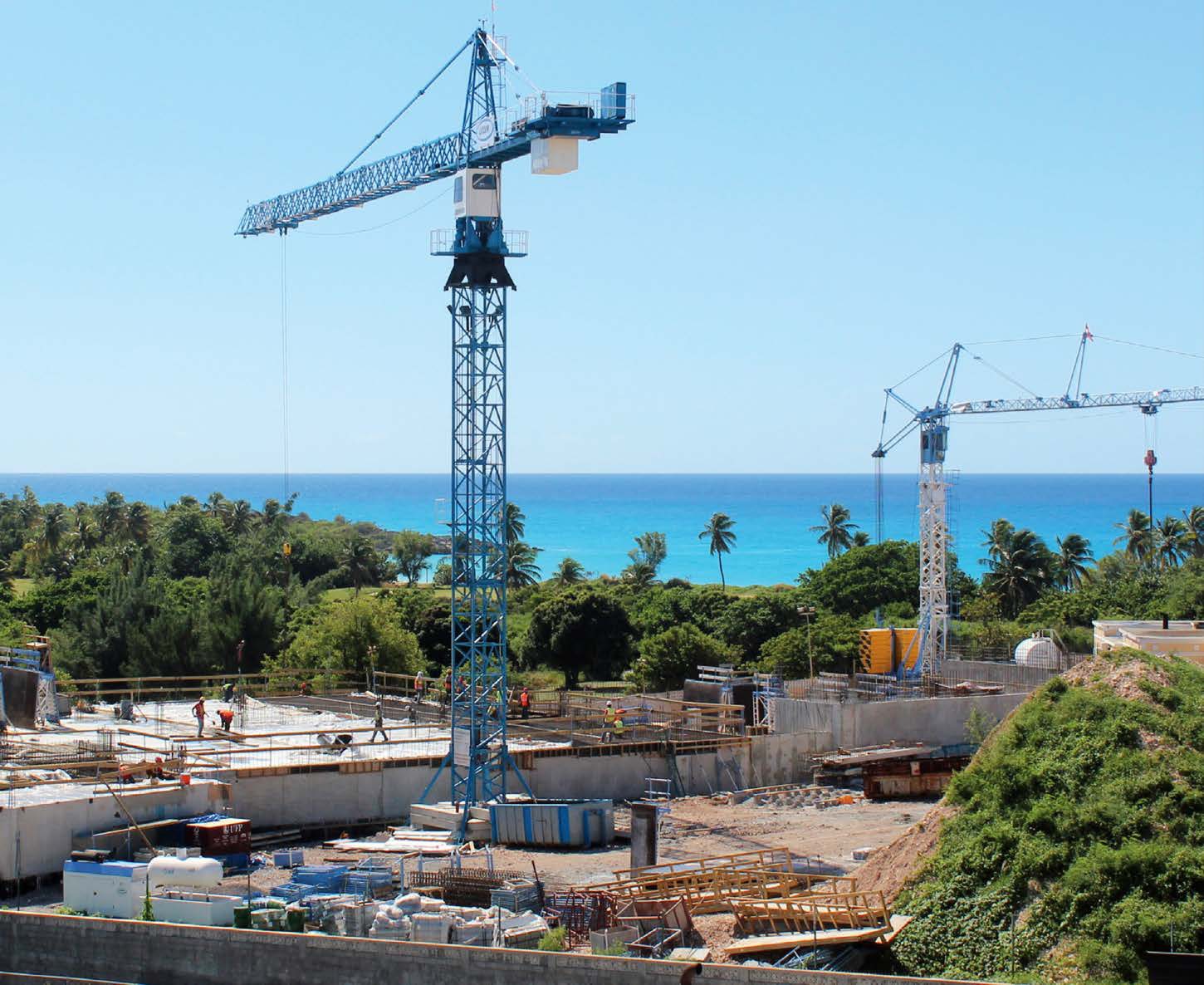 Grues à tour au-dessus d'un chantier en bord de mer